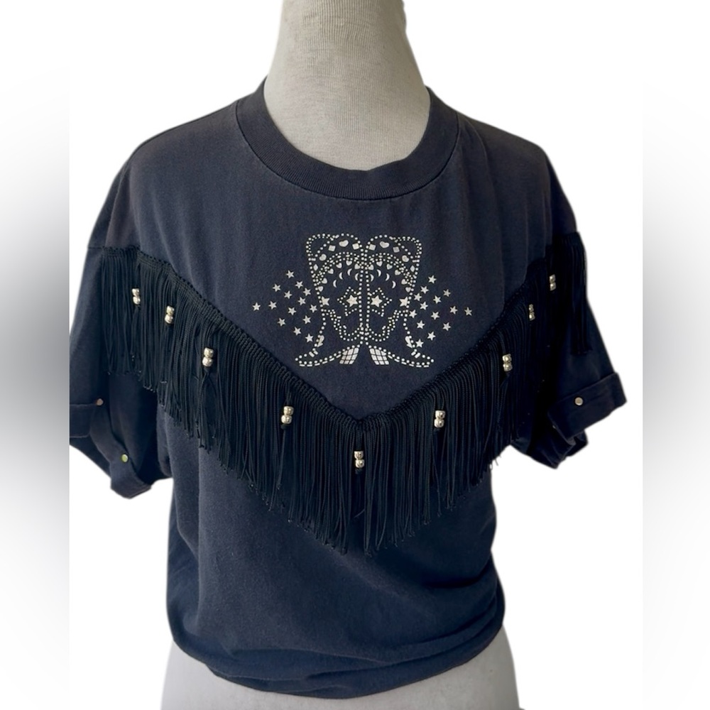 Vtg 80s Hazelwoods Black Fringe Western T-Shirt L Studs Cotton USA Cowboy Carter